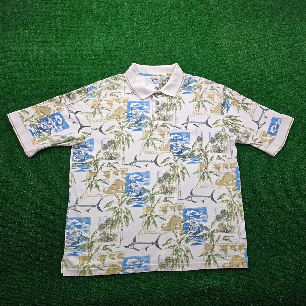 Michael Austin Polo Shirt Mens 2XL White Vintage‎ Hawaiian Tropical Fish Golf